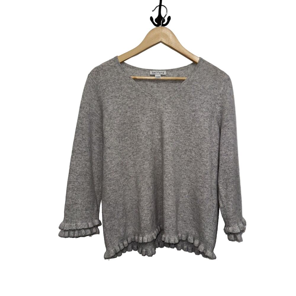 Belford Classic Cashmere V-neck W/ruffle Trims 3/4 Sleeve Heather Gray Sz L 160